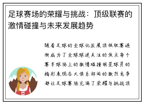 足球赛场的荣耀与挑战：顶级联赛的激情碰撞与未来发展趋势
