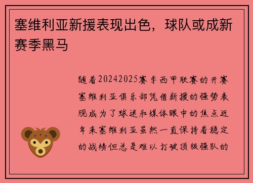 塞维利亚新援表现出色，球队或成新赛季黑马