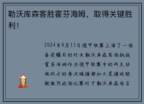 勒沃库森客胜霍芬海姆，取得关键胜利！