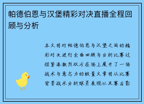 帕德伯恩与汉堡精彩对决直播全程回顾与分析