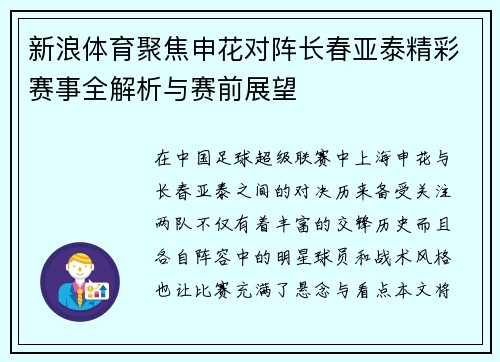 新浪体育聚焦申花对阵长春亚泰精彩赛事全解析与赛前展望