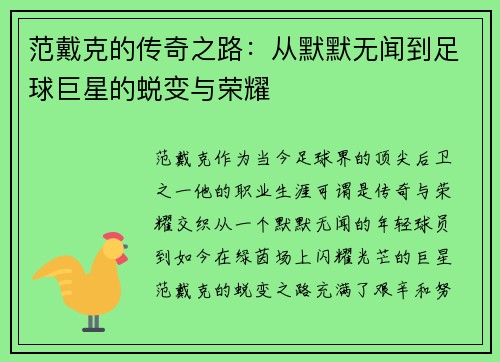 范戴克的传奇之路：从默默无闻到足球巨星的蜕变与荣耀