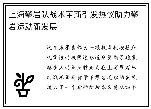 上海攀岩队战术革新引发热议助力攀岩运动新发展